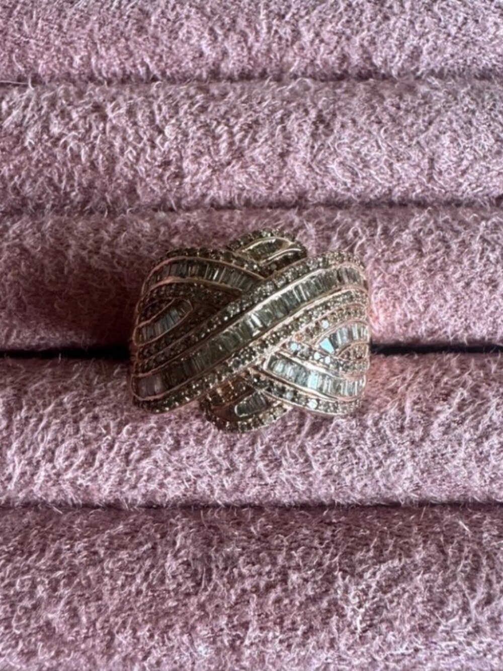 D'Joy Genuine Champagne & White Diamond Woven Crossover Ring 925 Silver Sz 9